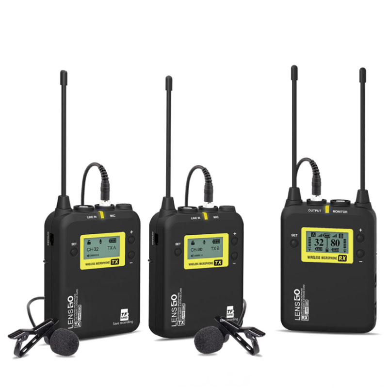 UHF Professional Wireless Microphone System lensgo328C Filmmaker Kit Camera-Mount Wireless Omni Lavalier Microphone System(520-590MHz)