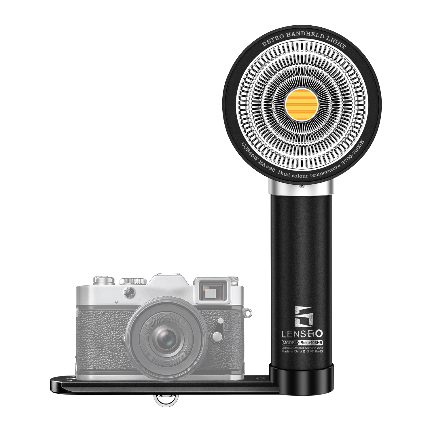 RENTRO 40W Handheld Retro Video Light 40SHB — Portable COB LED Fill Light with Diffuser, Stepless Dimming, CRI 96+, 2700K–7000K, Built-in Battery for Photography, Filming & Vlogging